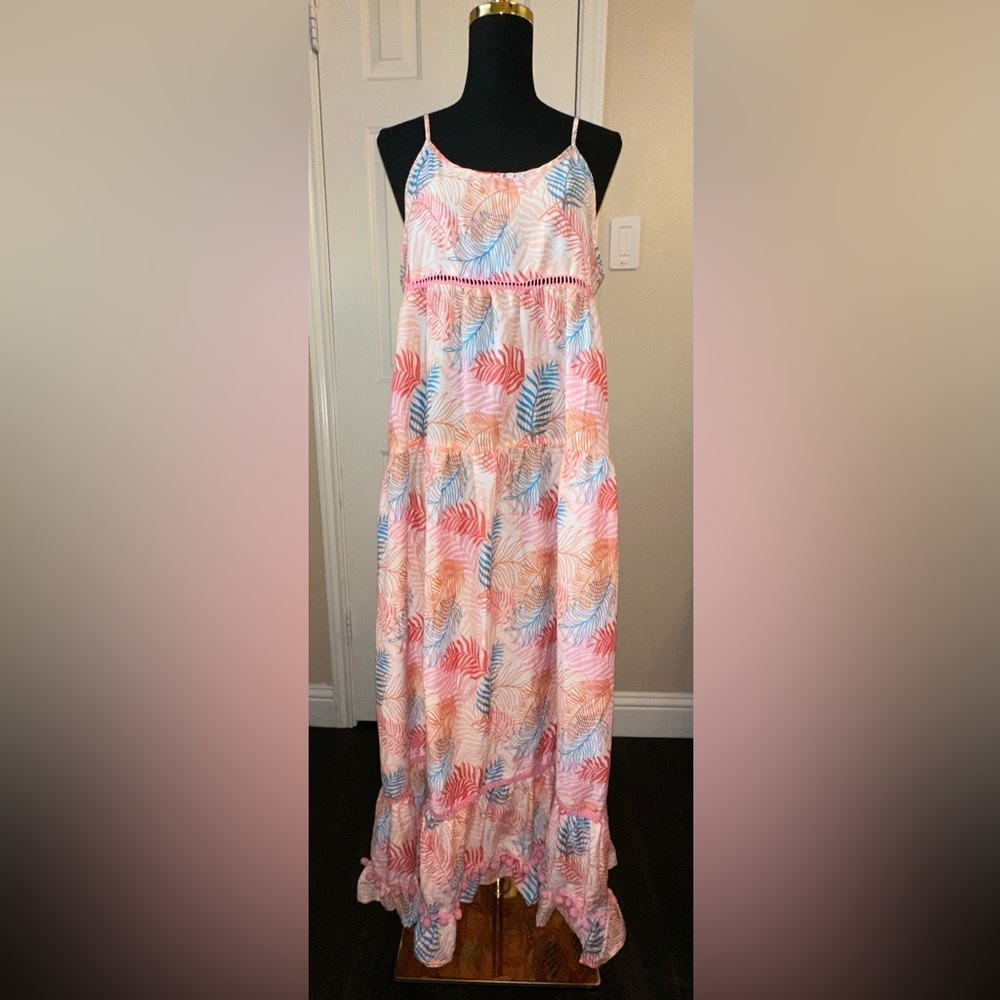 America & Beyond Tiered Maxi Dress L Pink Floral Pom Pom Tie Back Boho